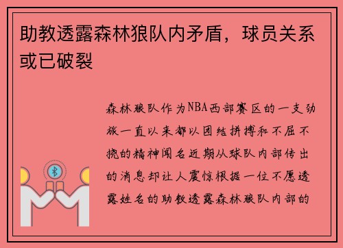 助教透露森林狼队内矛盾,球员关系或已破裂